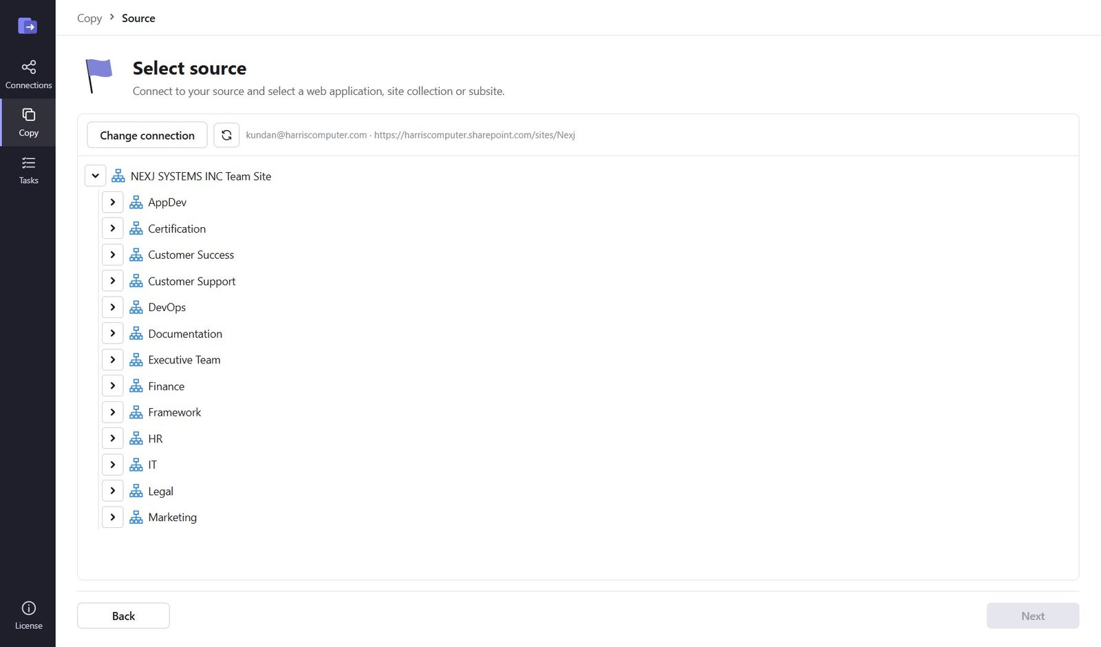 Source site tree with subsites listed for selection