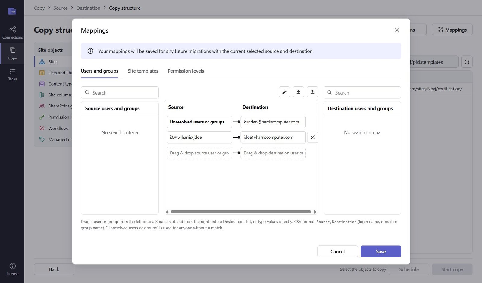 User and group mapping screen
