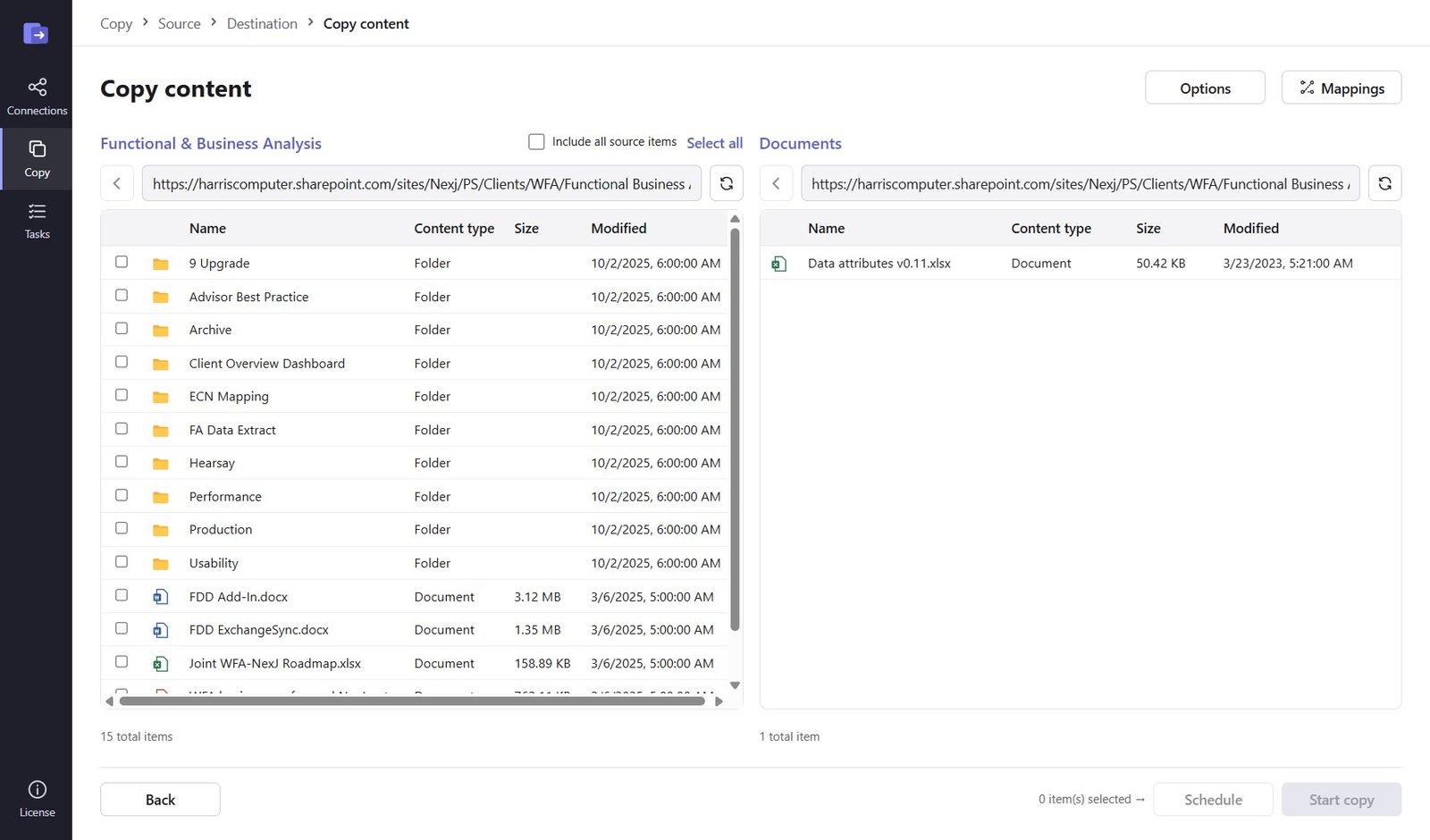 SharePoint Migrator Copy content screen with the source library on the left and the destination library on the right