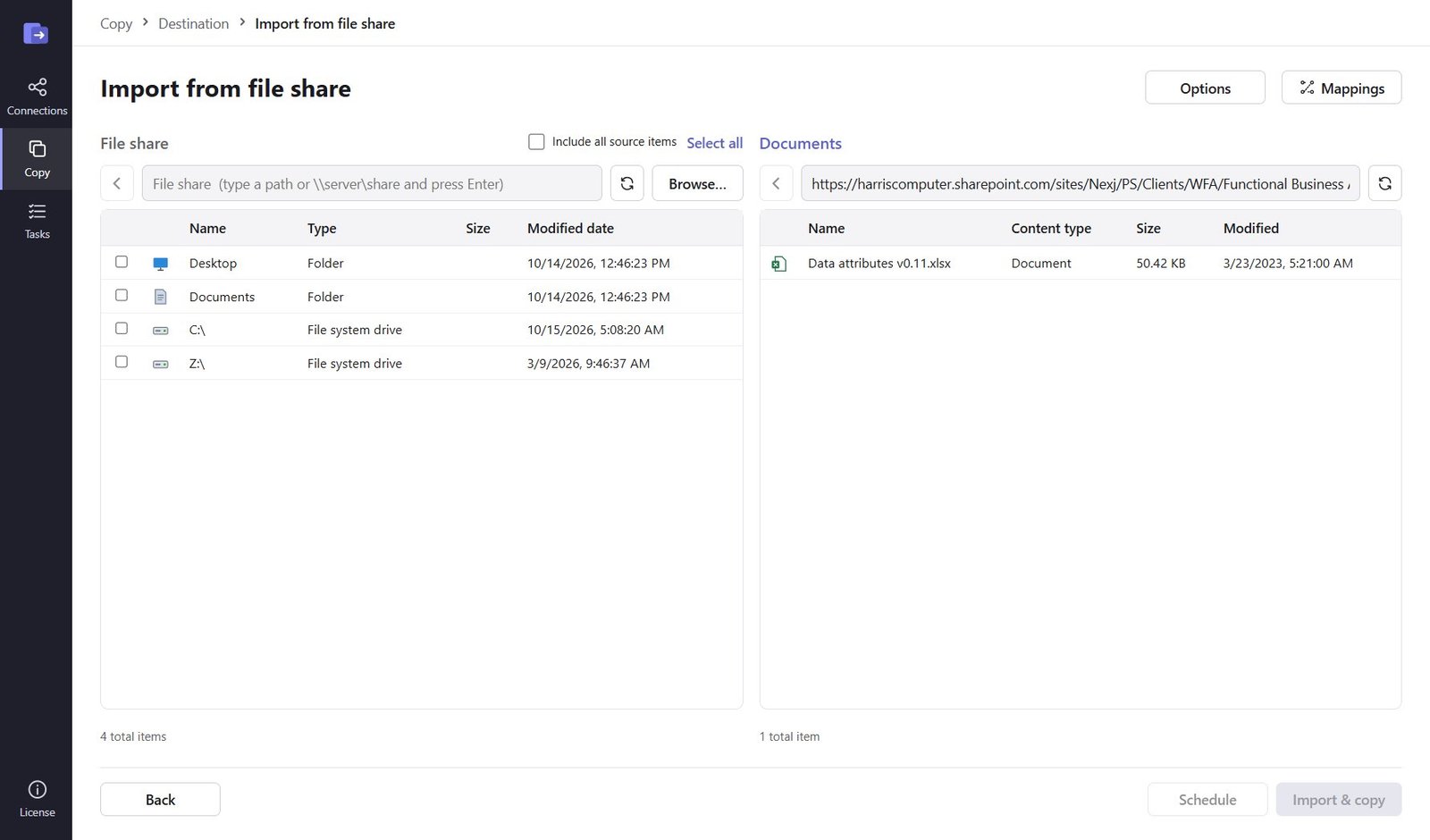 Import from file share screen with local drives on the left and the destination library on the right
