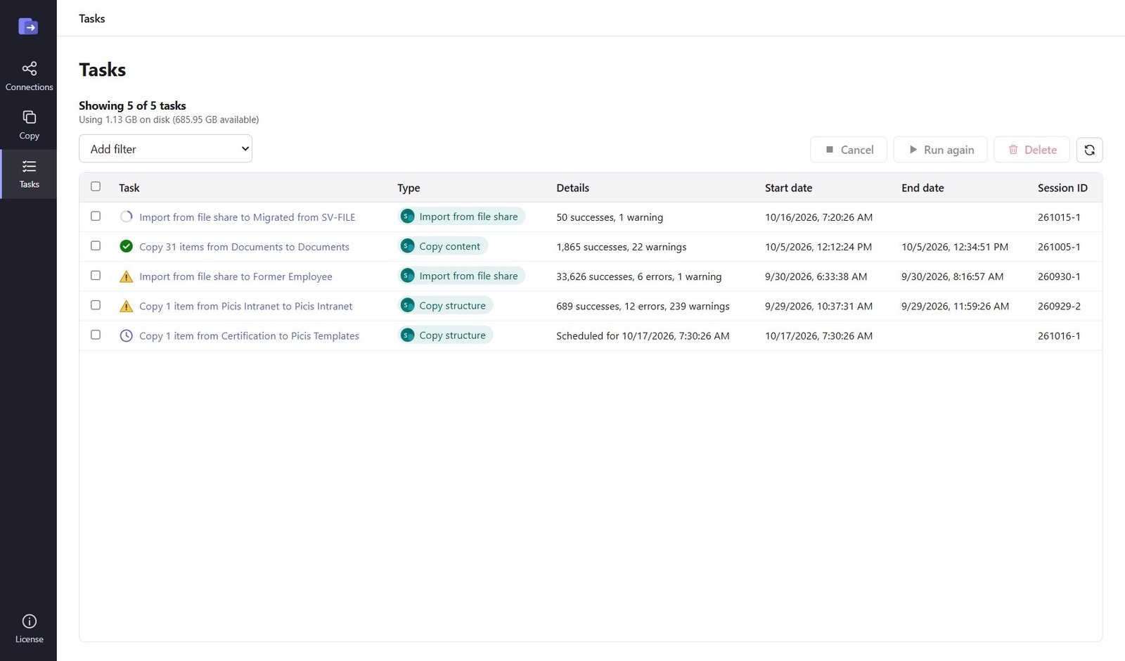 Tasks list with completed and scheduled migrations