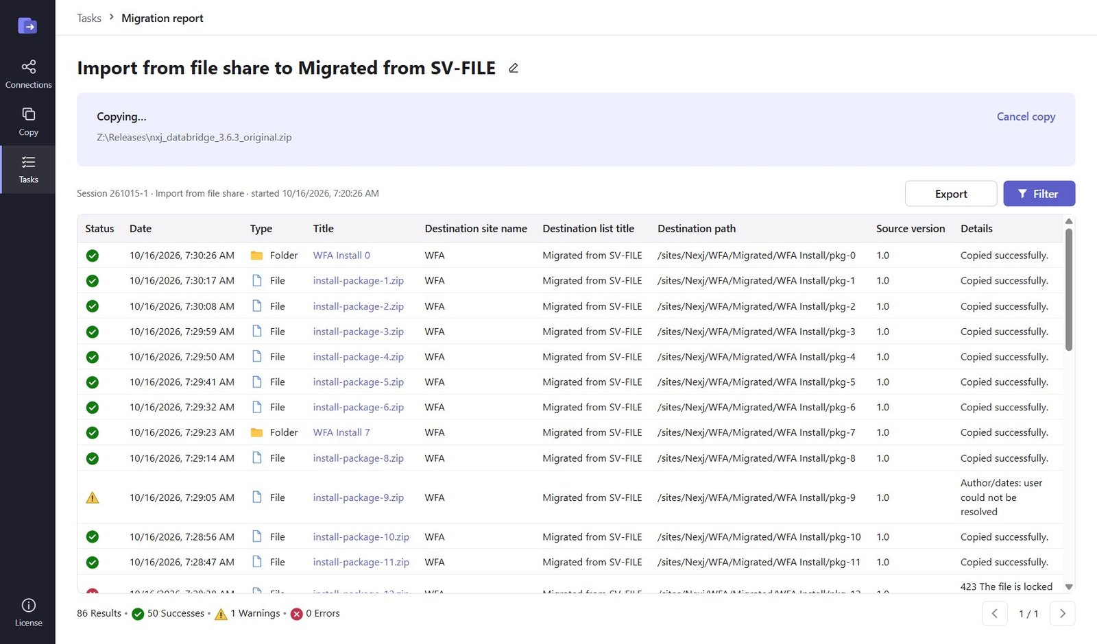 Migration report listing each copied file with status, destination and details