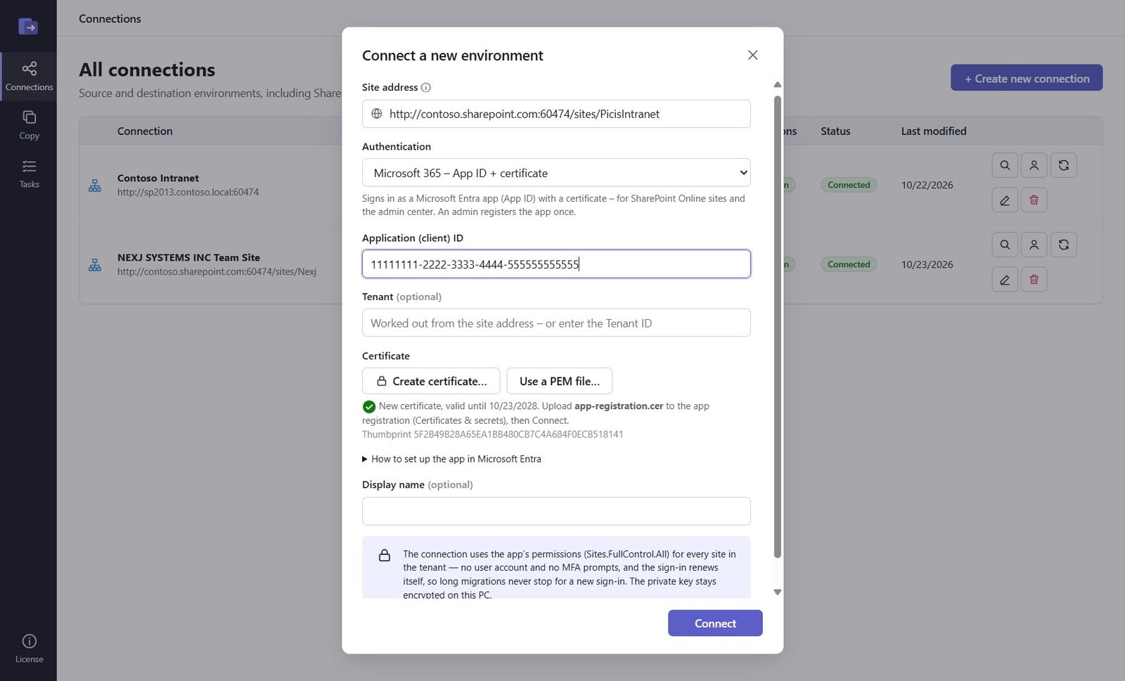 New connection dialog with App ID authentication and a new certificate created