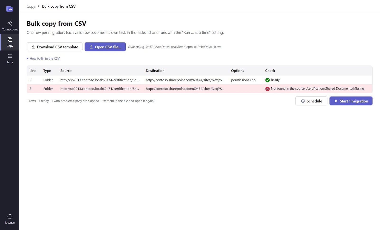 Bulk copy from CSV: two rows, one ready and one with a problem explained