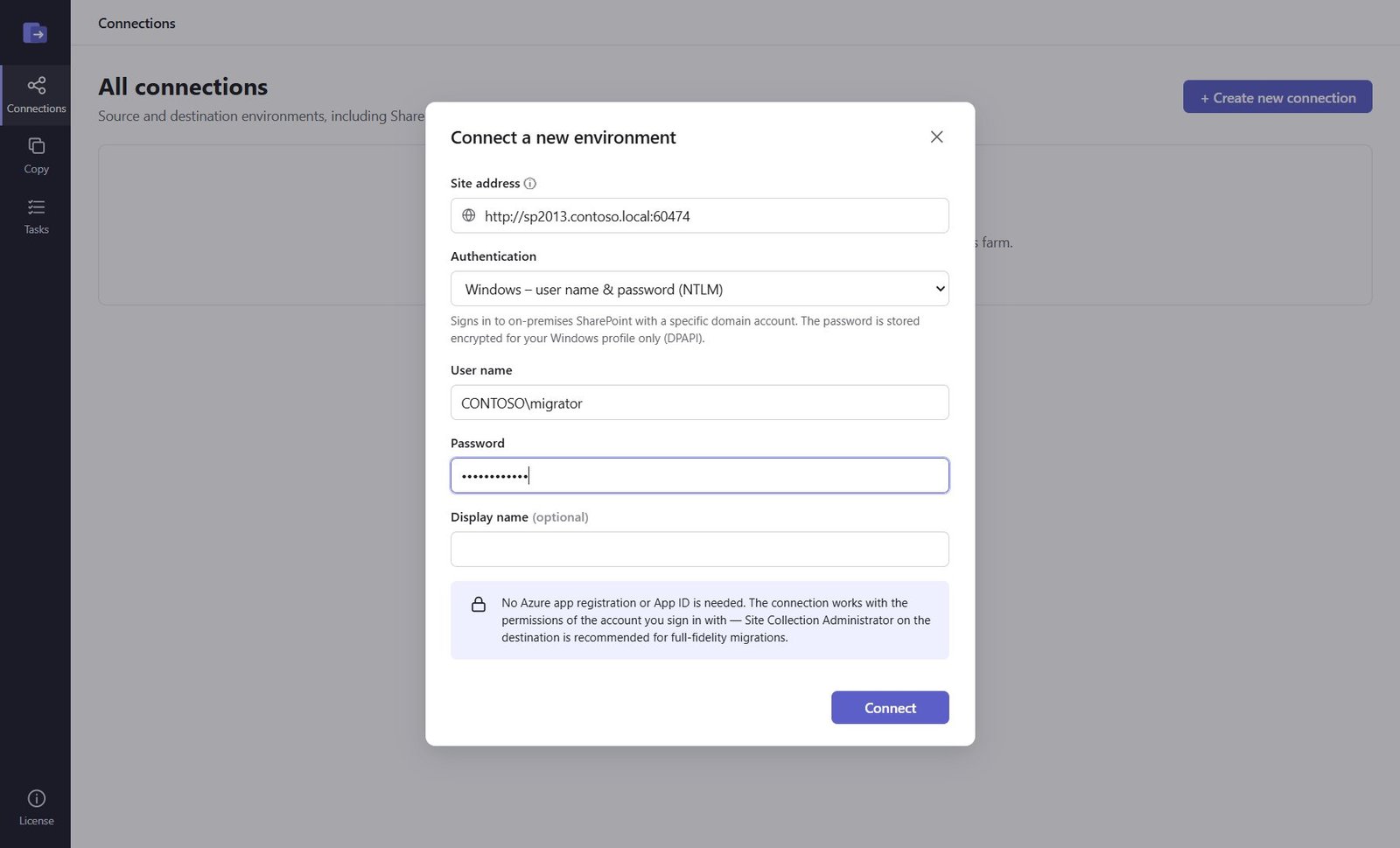 Connect a new environment dialog with an on-premises site address, Windows user name and password