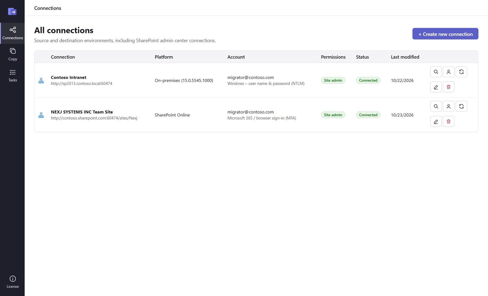 Connections list with an on-premises and a SharePoint Online connection, both connected