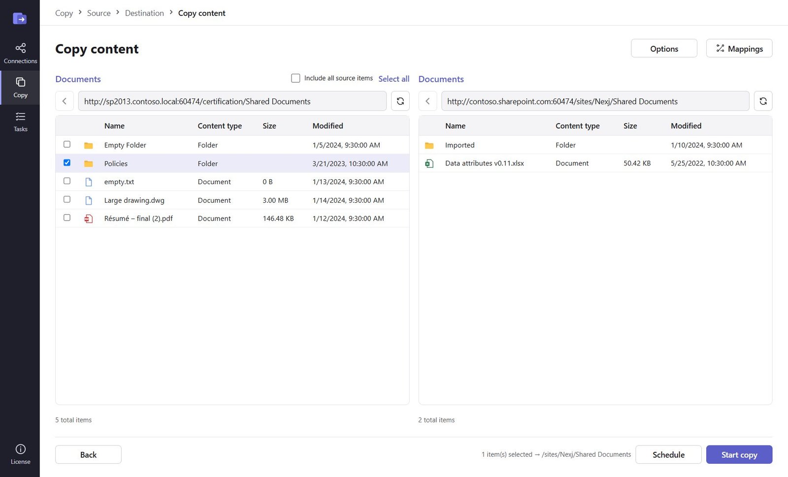 Copy content screen: source folders and files on the left, destination library on the right