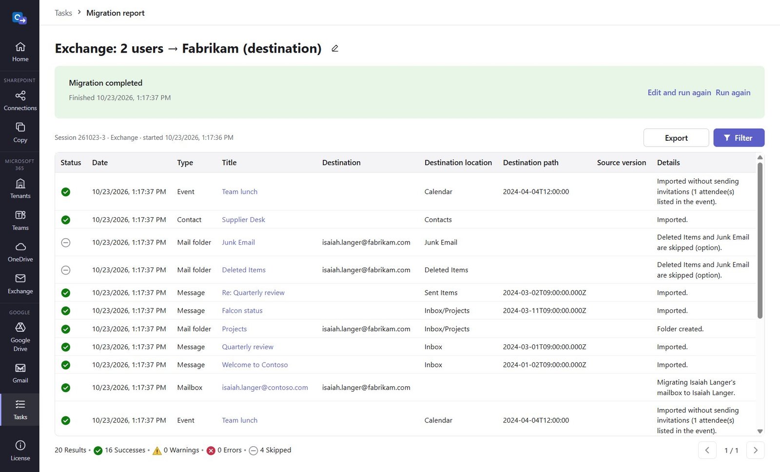 Exchange migration report
