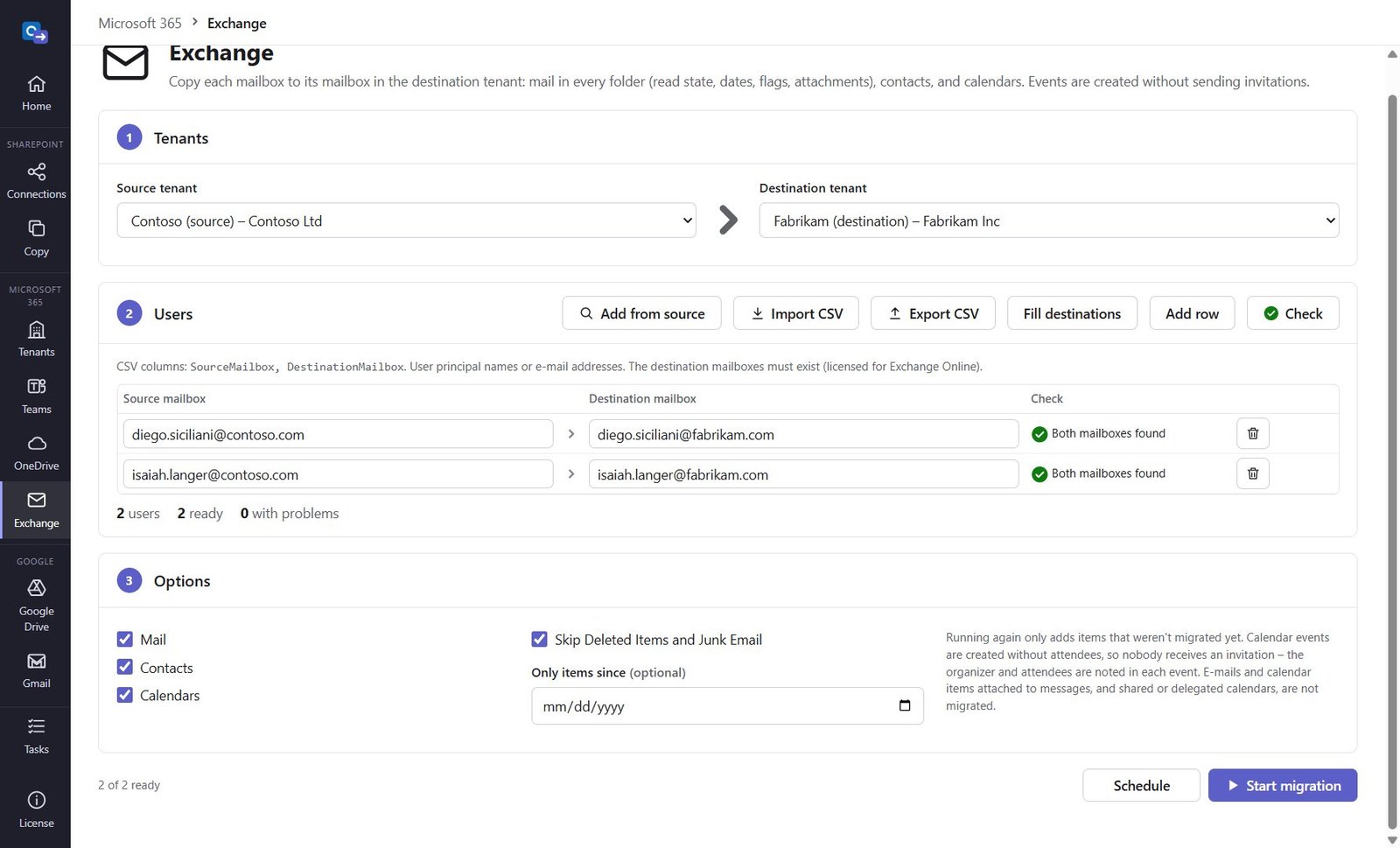 Exchange screen with source and destination mailboxes, check results and options