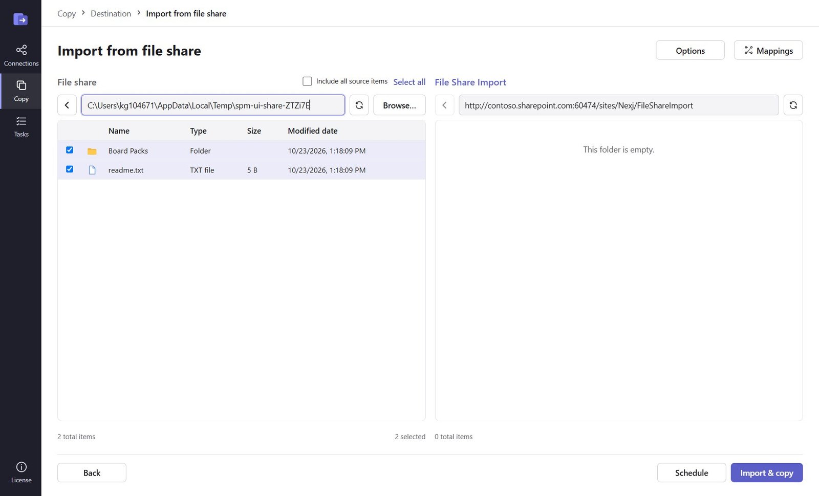 Import from file share: local folders selected on the left, destination library on the right