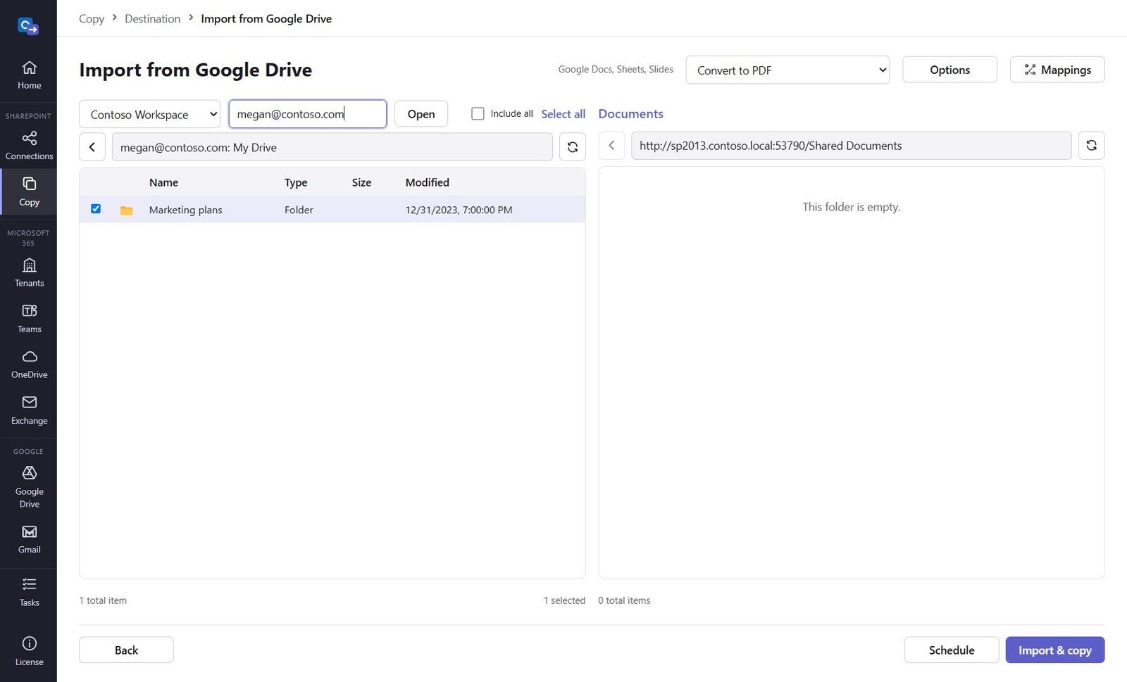 Import from Google Drive: user, My Drive folder selected, destination library on the right