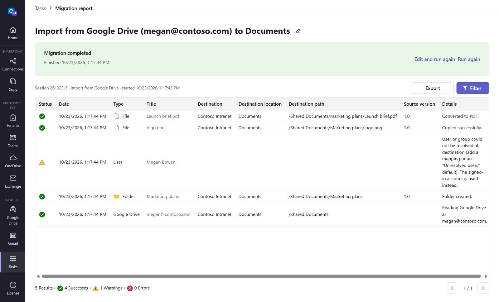 Report of a Google Drive import with converted files
