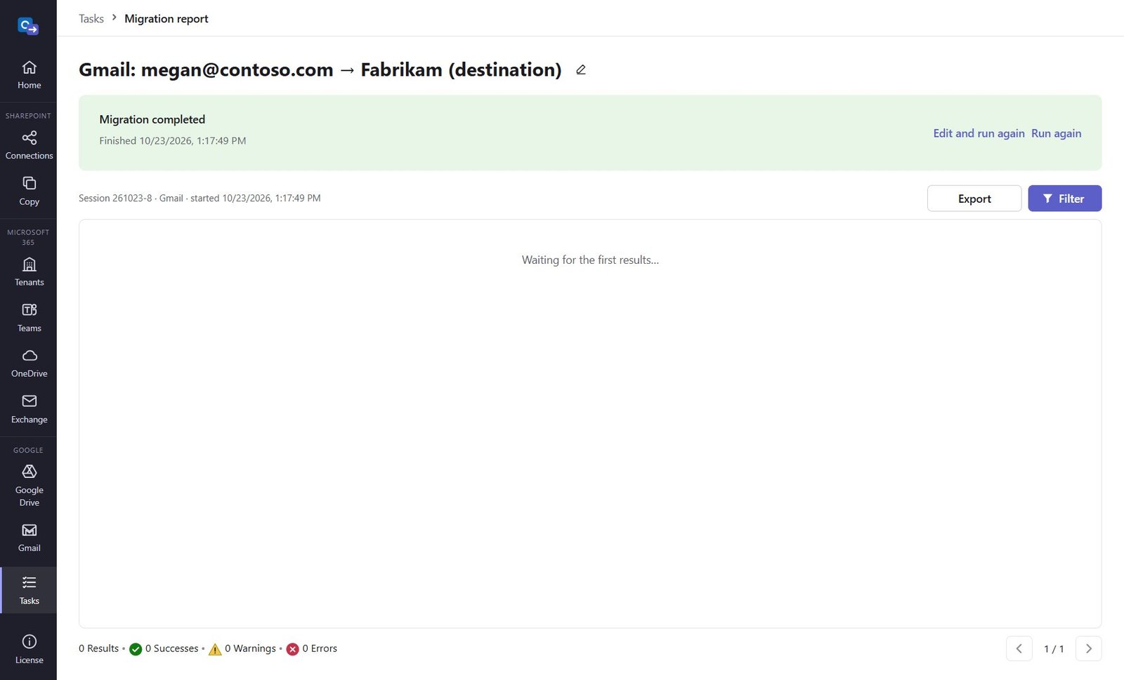 Gmail migration report with imported messages and folders