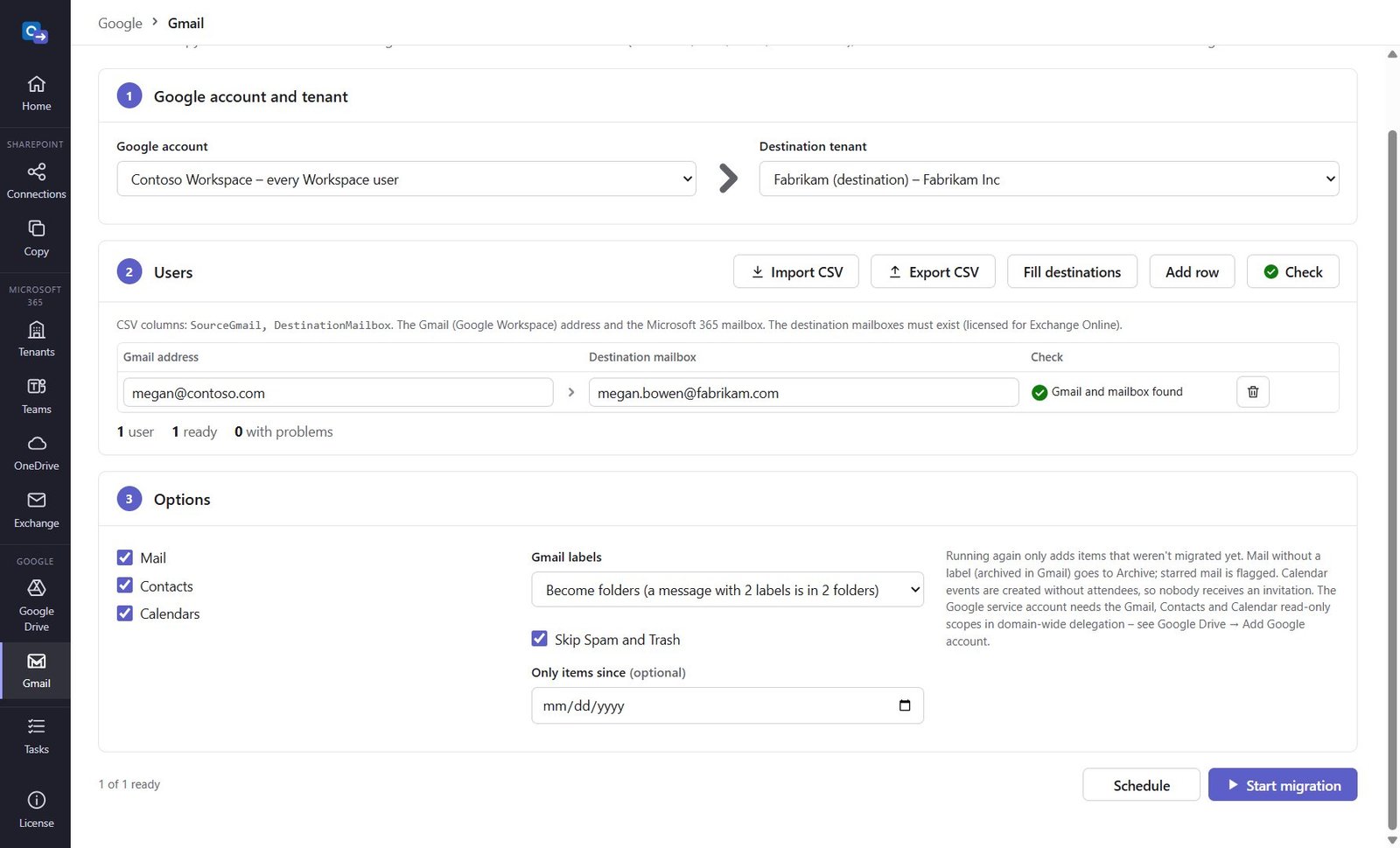 Gmail screen: Google account and destination tenant, user rows checked, options