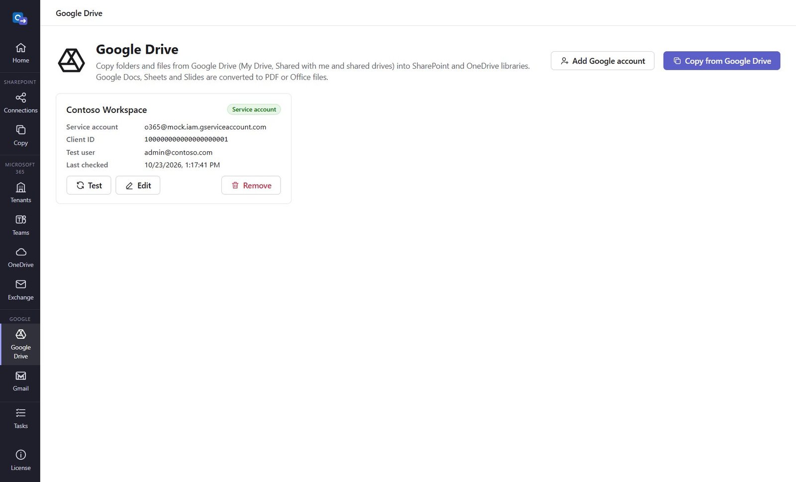 Google Drive page with a connected service account