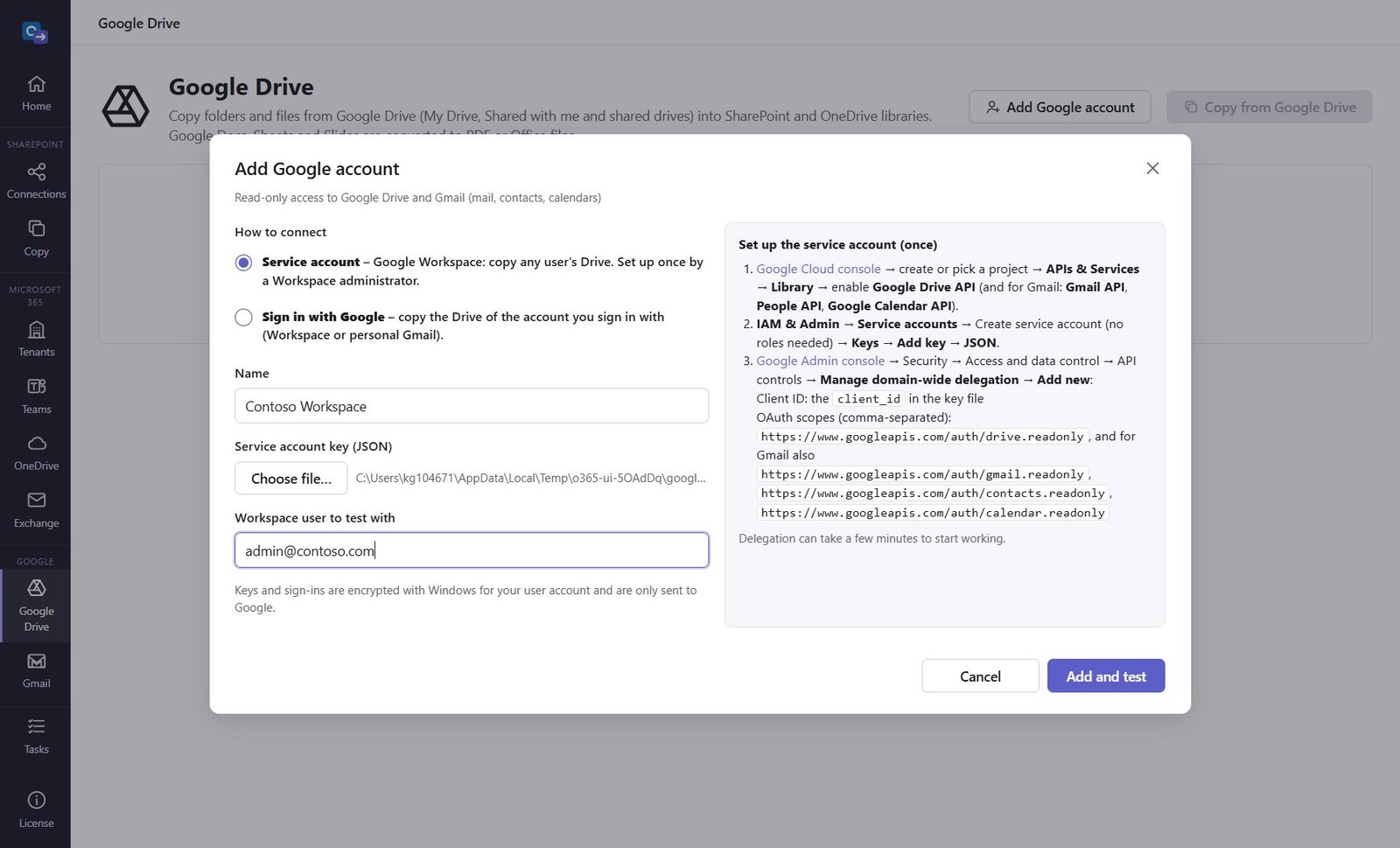 Add Google account dialog with service account key, test user and setup steps