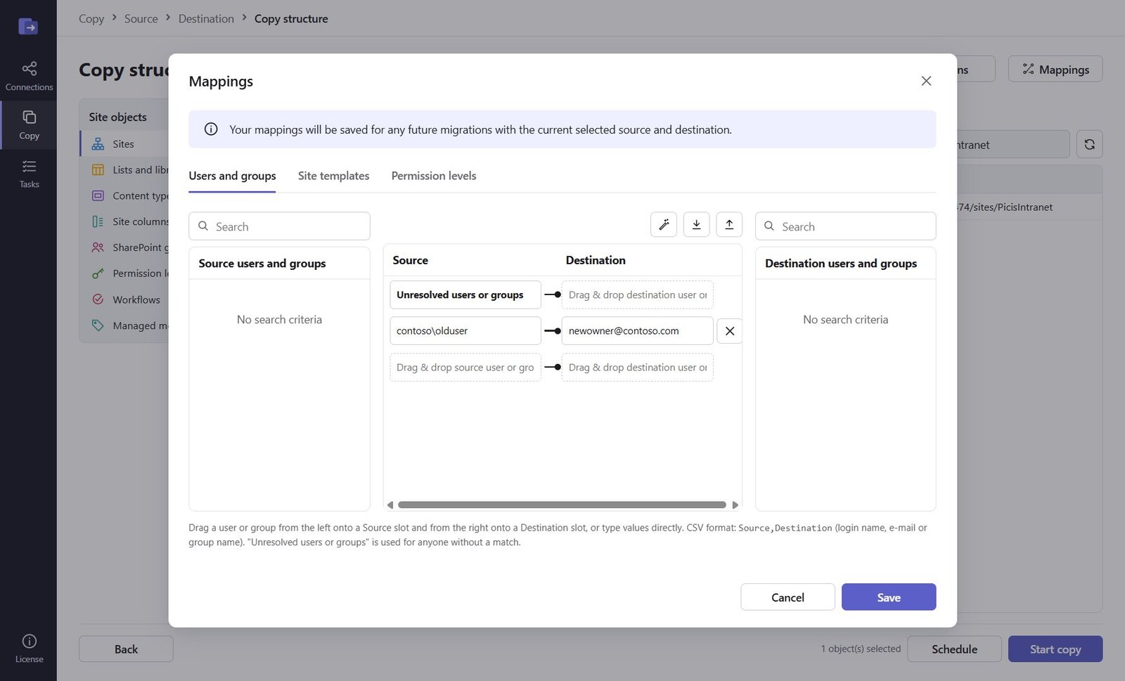 Mappings dialog mapping an old user to a new account