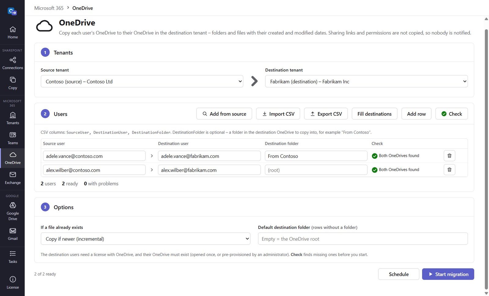 OneDrive screen with source and destination users, destination folder and check results