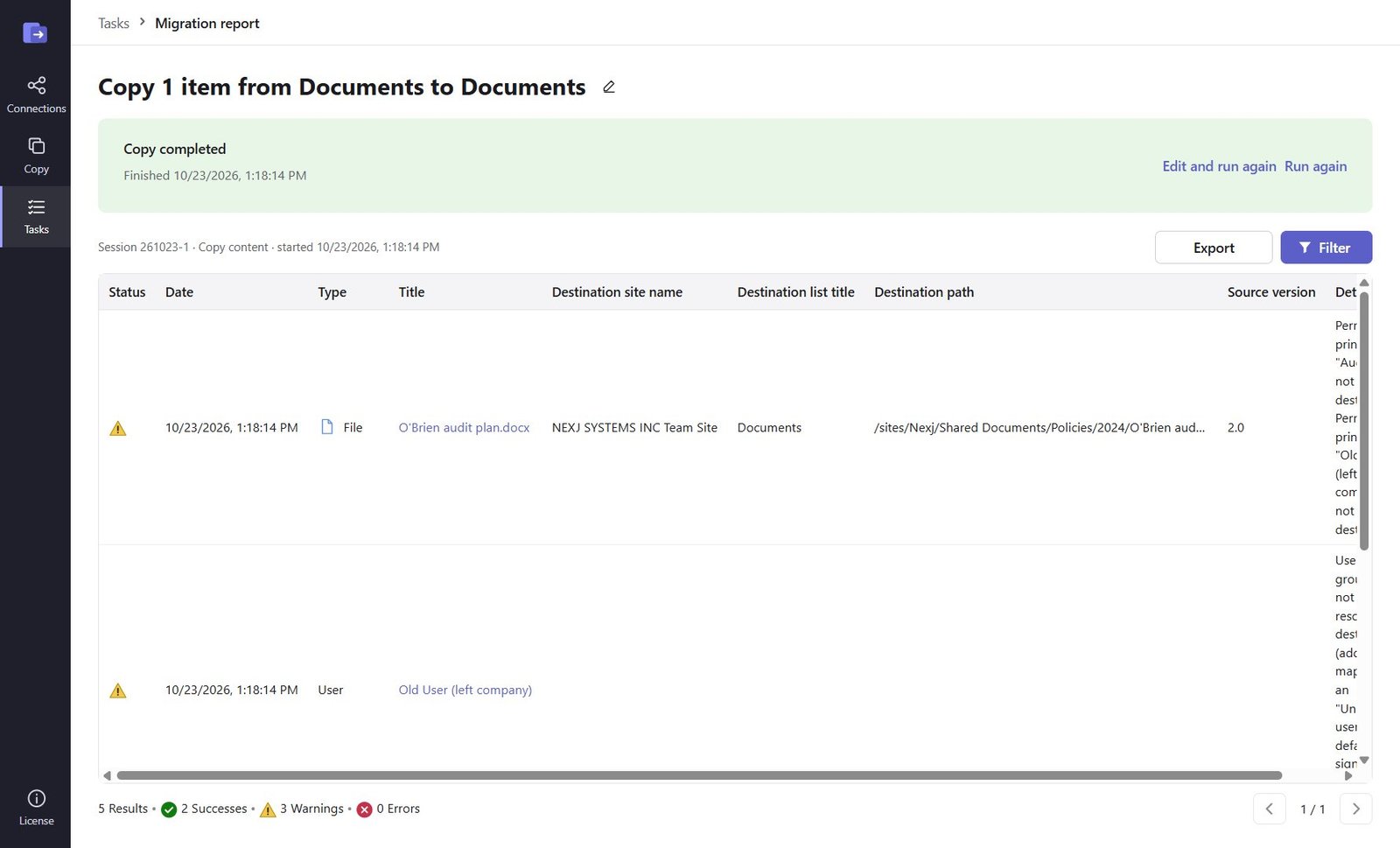 Migration report of a completed content copy