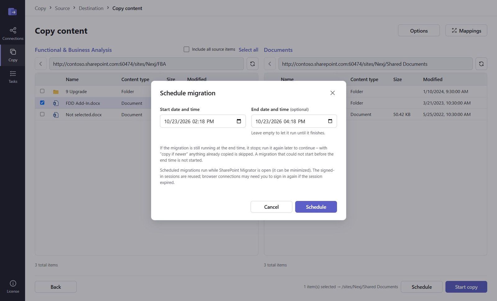 Schedule migration dialog with start and end date and time