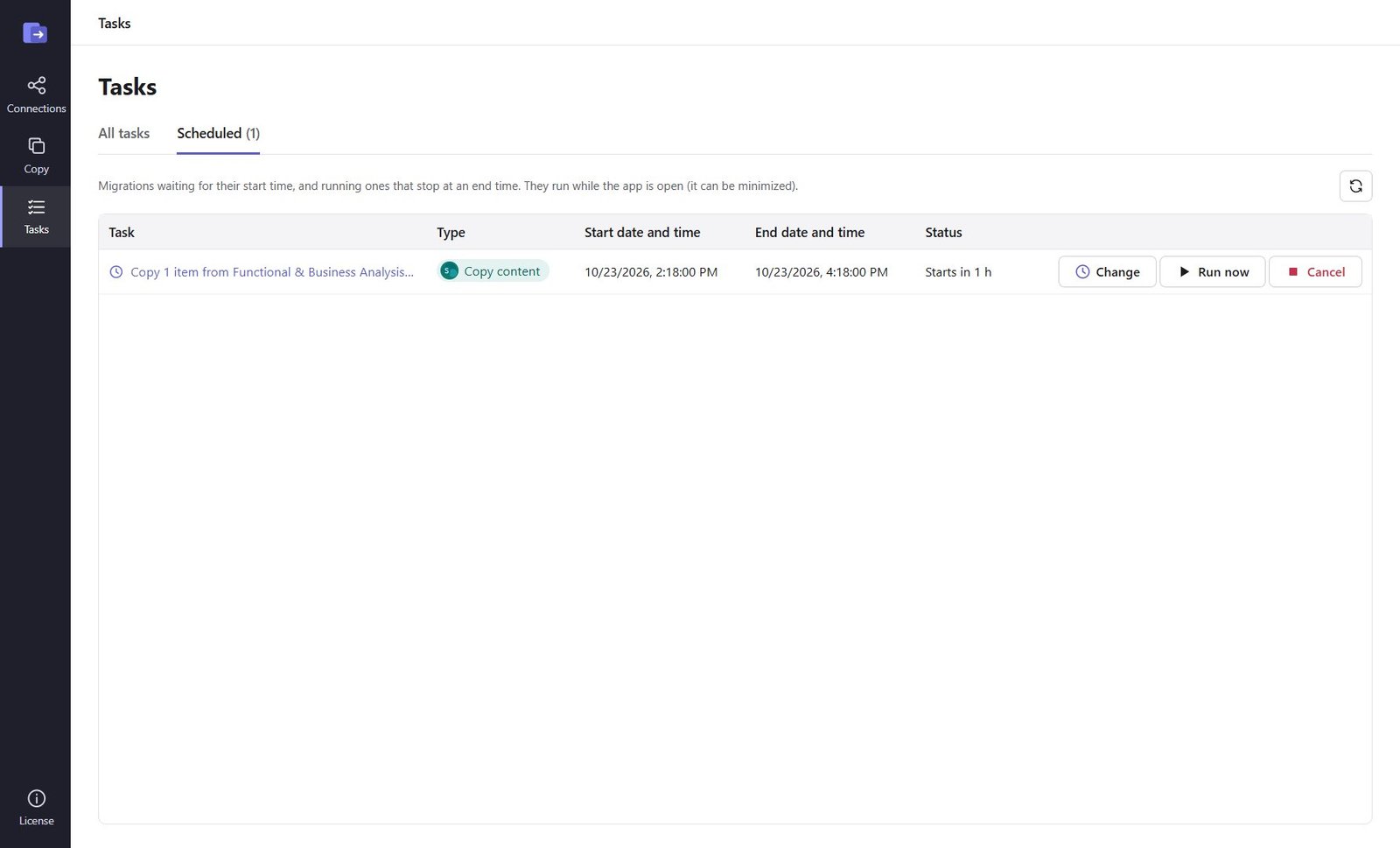 Tasks page, Scheduled tab with start and end date and time and Change, Run now and Cancel buttons