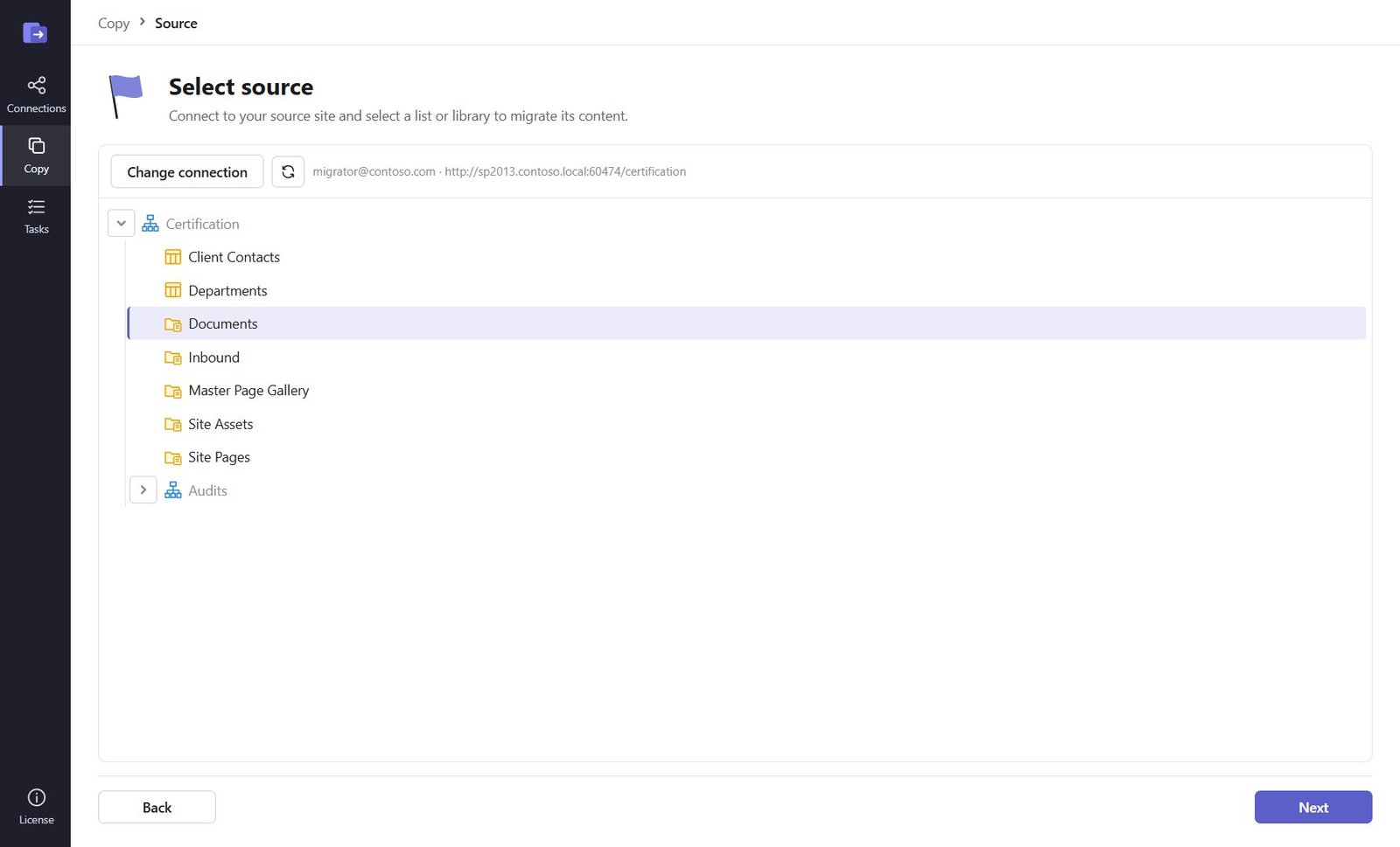 Select source with the Documents library selected