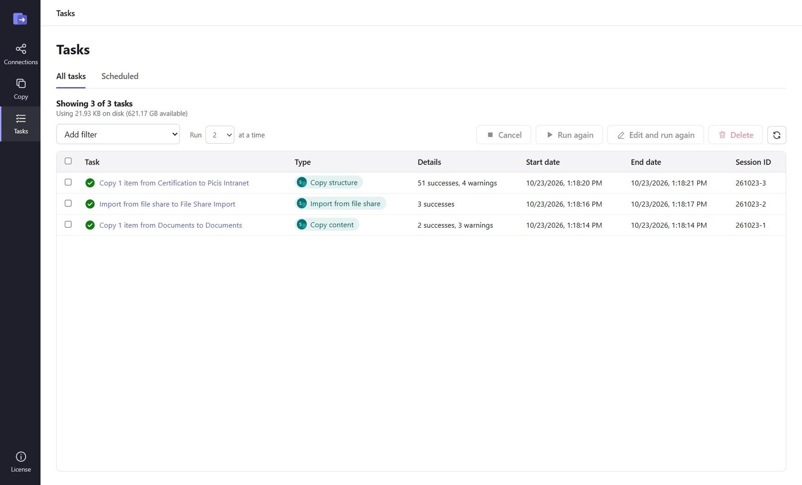 Tasks page with the Run … at a time setting