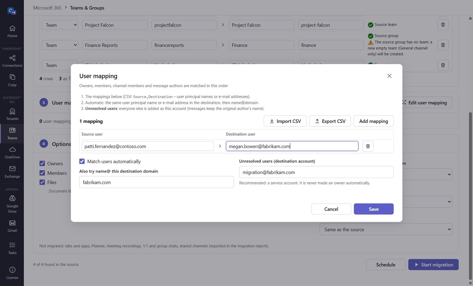User mapping dialog with a mapping, automatic matching and an unresolved users account