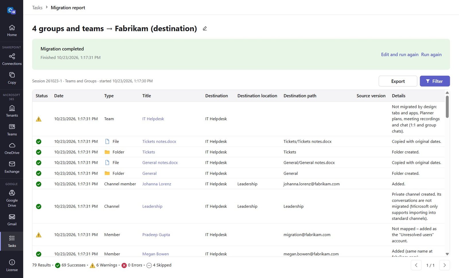 Migration report for Teams and Groups