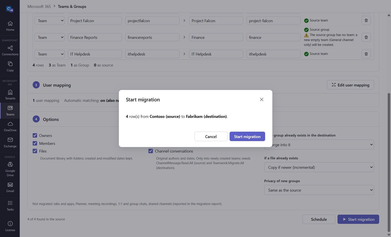 Start migration summary with rows, warnings and missing permissions