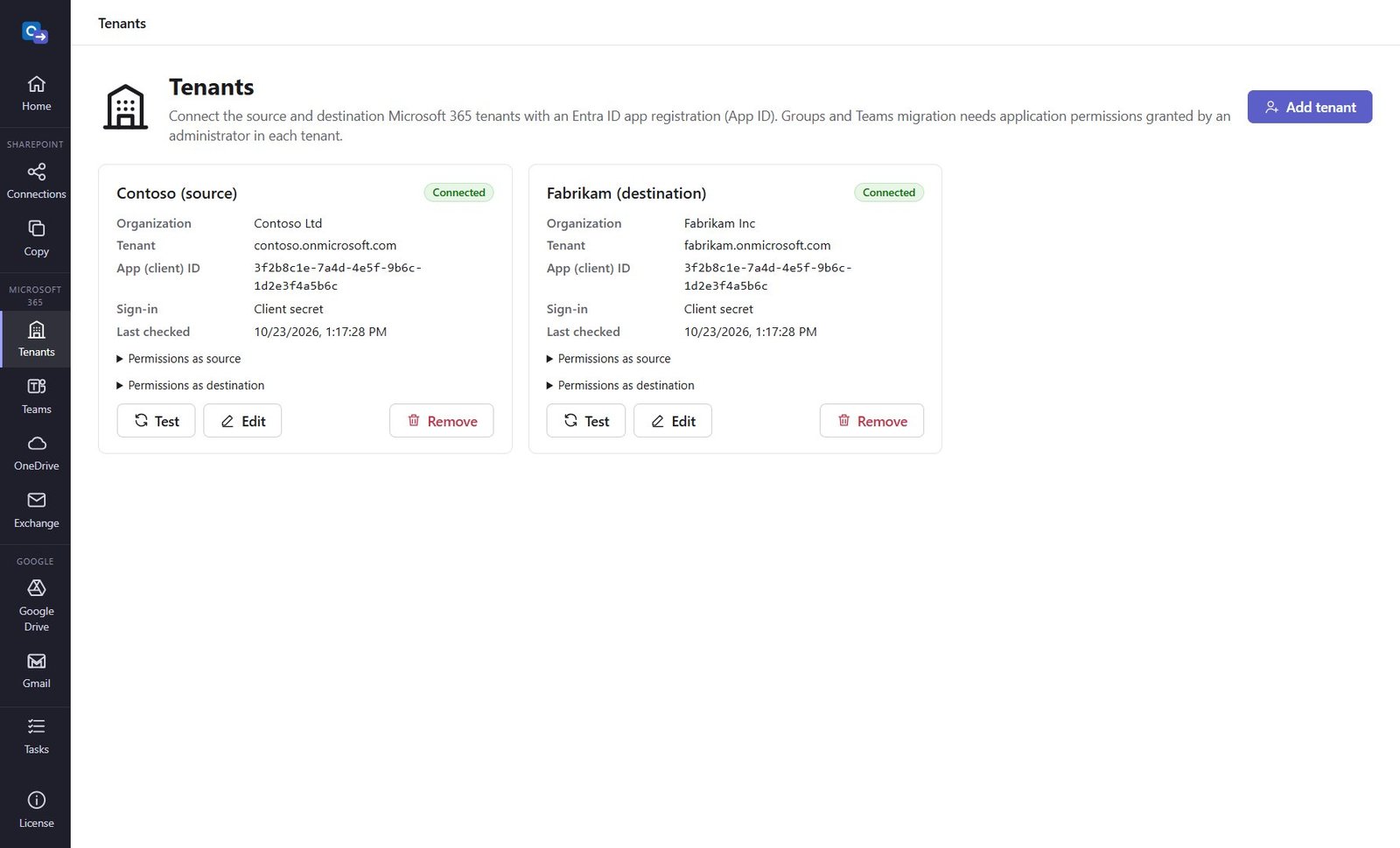 Tenants page with the source and destination tenants connected and their permissions