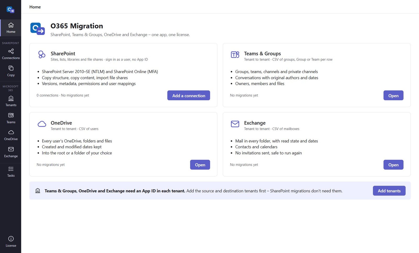 O365 Migration home screen with SharePoint, Teams & Groups, OneDrive and Exchange