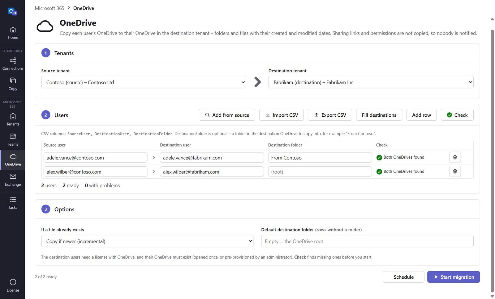 OneDrive screen with source and destination users and destination folders